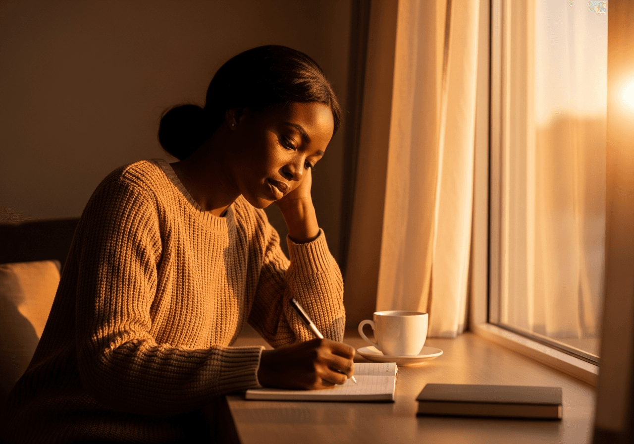 A person writing in a journal by a sunlit window at golden hour