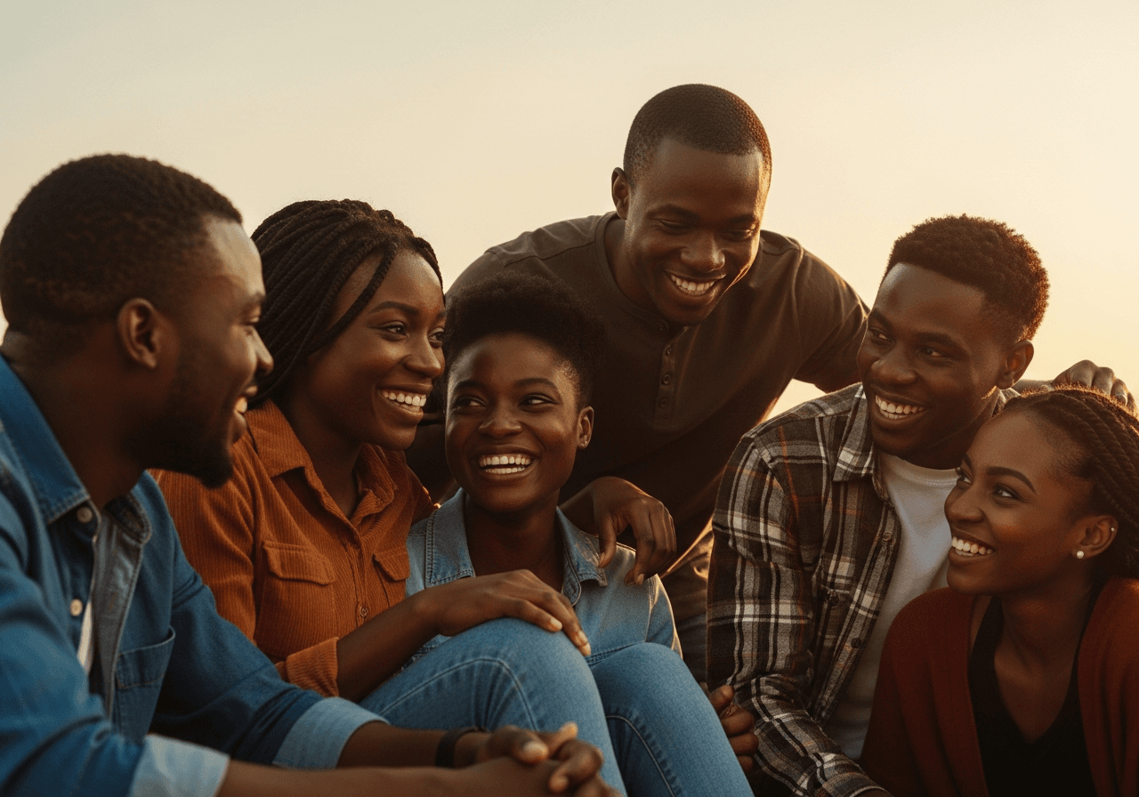 A group of friends gathered together in golden-hour light