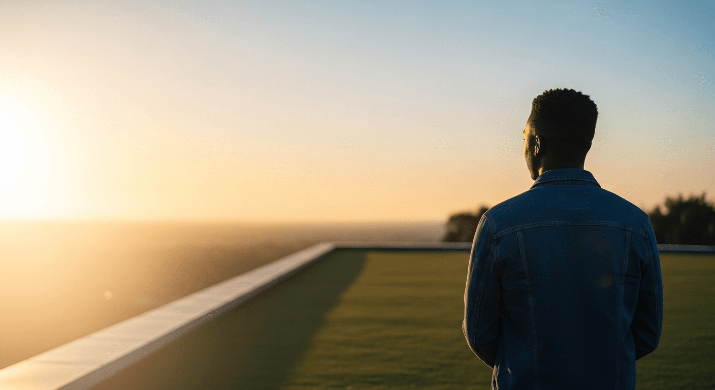 A person standing at a rooftop threshold at dawn, looking out over a golden, open horizon